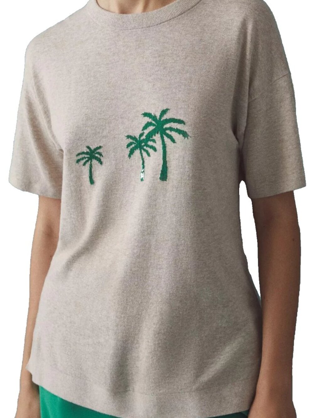 KULE Keanu Palm Tree Short Sleeve Summer Sweater Tee Taupe Knit Size LARGE